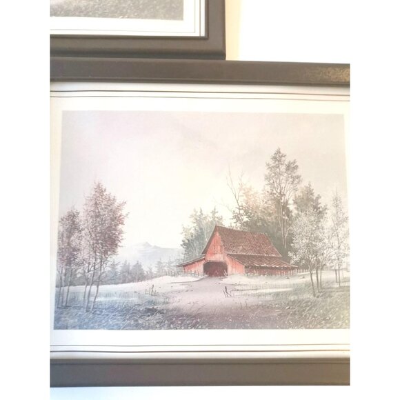 VINTAGE S. ABUTT Framed Art Prints Set of 2 | Red Barn in Winter & Snowy Tree - Picture 2 of 10